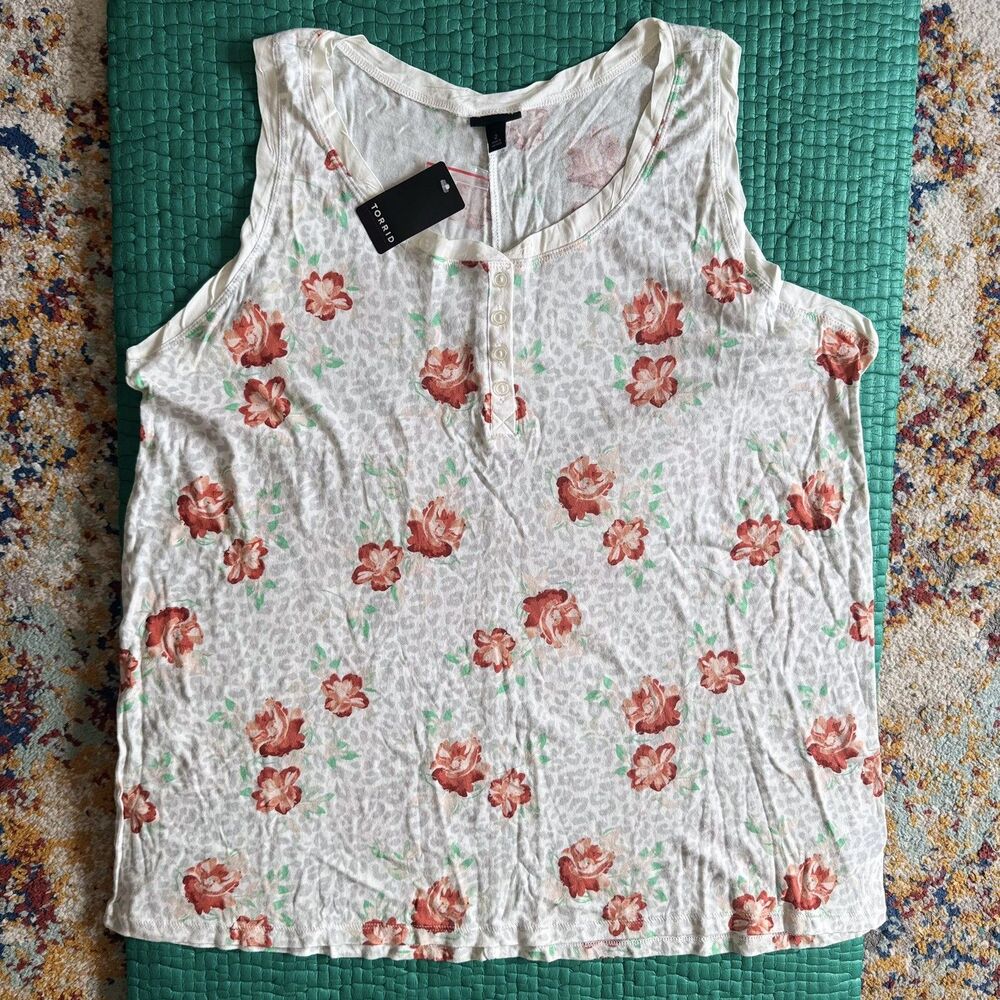 NEW Torrid 2 Classic Tank Top White Multi Floral Animal Print Henley Sleeveless